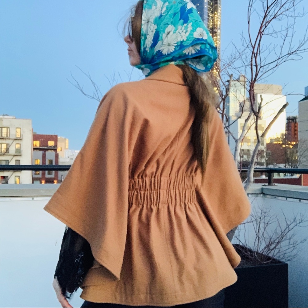 Aqua Camel Wool Bat Wing Ruffled Pea Coat Poncho - Picture 12 of 16